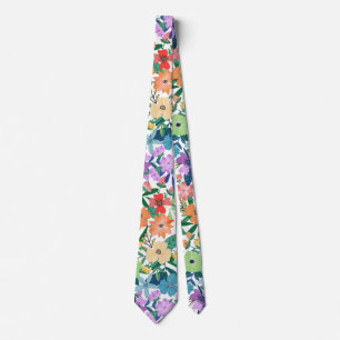 Gravata Padrão de Flores Arco-íris Branco Retrô