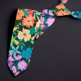 Gravata Padrão de Flores Arco-íris Preto Retrô
