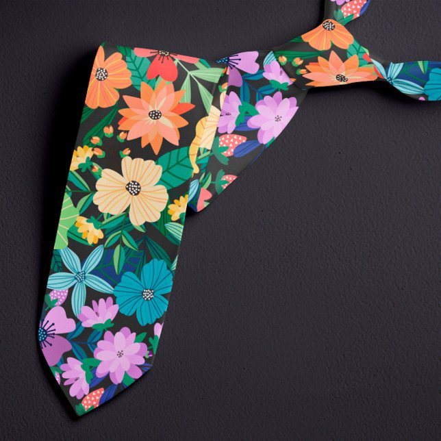 Gravata Padrão de Flores Arco-íris Preto Retrô (Criador carregado)
