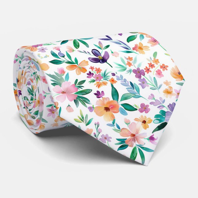 Gravata Padrão de Flores de Prado em Aquarela (Rolled)