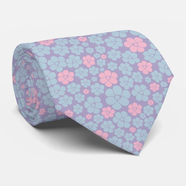 Gravata Padrão de Flores em Azul, Lilás e Rosa (Rolled)