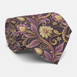 Gravata Padrão de Flores Relevo Roxo e Dourado
