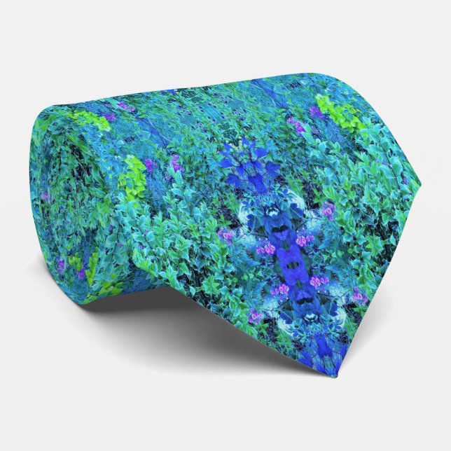 Gravata Padrão de Folhagem Abstrata em Chartreuse e Azul (Rolled)