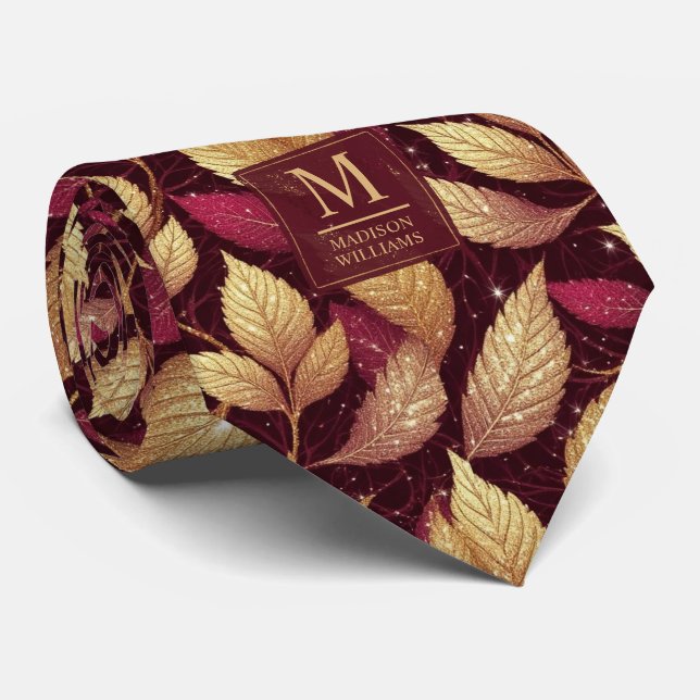 Gravata Padrão de Folhas de Outono com Brilho Dourado e Ma (Rolled)