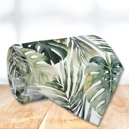 Gravata Padrão de Folhas Tropicais Verde de Aquarela