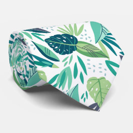 Gravata Padrão de Folhetos Tropicais Verde e Branco