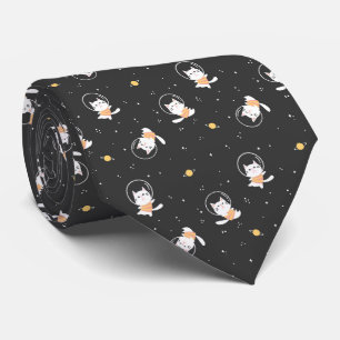 Gravata Padrão de gato astronauta fofo com fundo preto