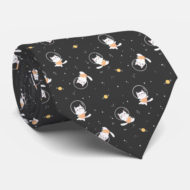 Gravata Padrão de gato astronauta fofo com fundo preto (Rolled)