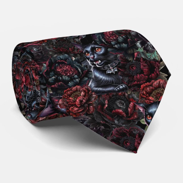 Gravata Padrão de Gato Preto Gótico e Flores Escuras (Rolled)