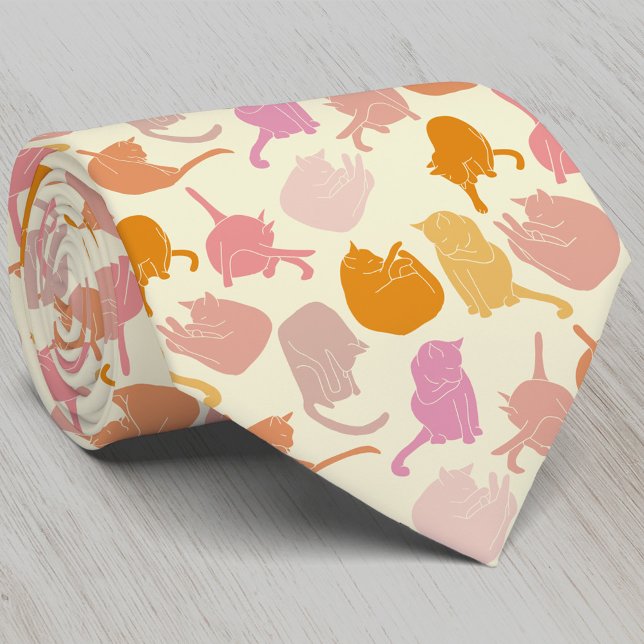 Gravata Padrão de Gato Rosa Rosa Moderno (Fun kitty cat pattern pink orange and yellow neck tie for animal lovers)