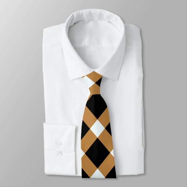Gravata Padrão de Gingham Diagonal em Preto, Branco, Marro (Amarrado)