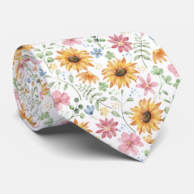 Gravata Padrão de Girassol de Cores Aquáticas (Rolled)