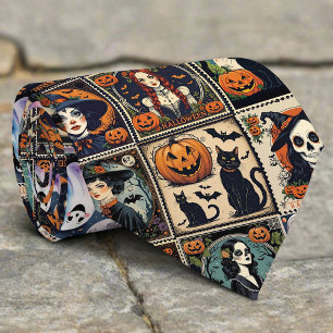 Gravata Padrão de Halloween de Bruxa Abóbora Vintage Retro