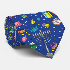 Gravata Padrão de Hanukkah Azul Escuro Divertido