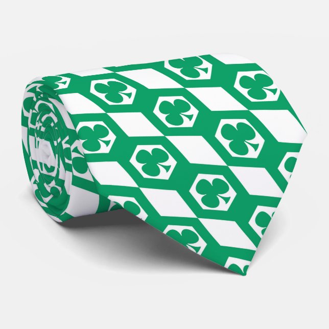 Gravata Padrão de Hexágono Branco Verde Trevo (Rolled)