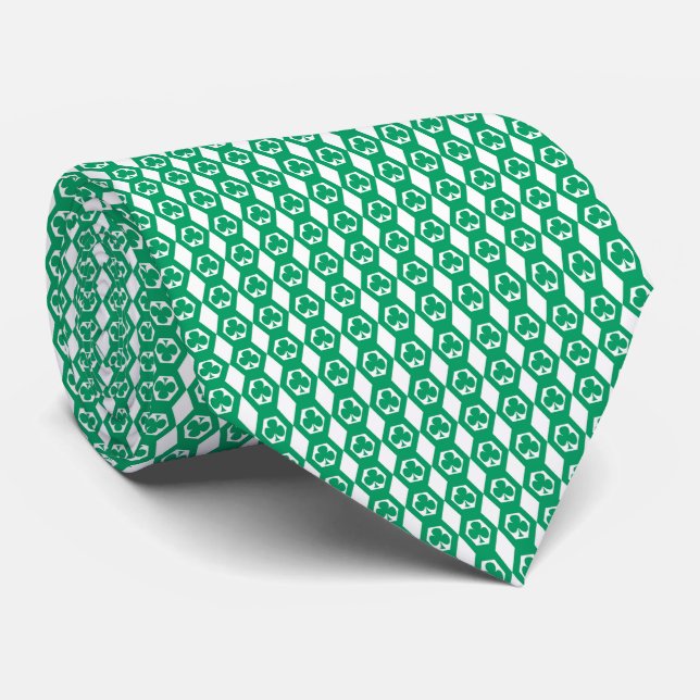 Gravata Padrão de Hexágono Branco Verde Trevo (Rolled)