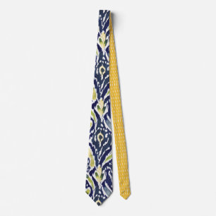 Gravata Padrão de Ikat Clássico Abstrato Amarelo Azul Negr