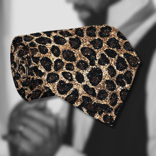 Gravata Padrão de Leopardo Preto Marrom Dourado Brilhante