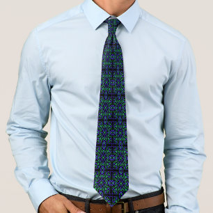 Gravata Padrão de Linha Abstrata em Verde Violeta e Preto