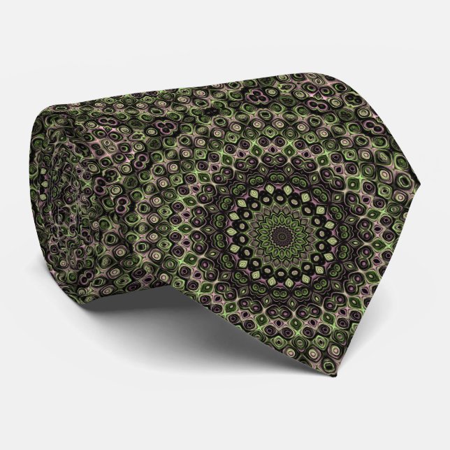 Gravata Padrão de Mandala Caleidoscópio Verde e Preto (Rolled)