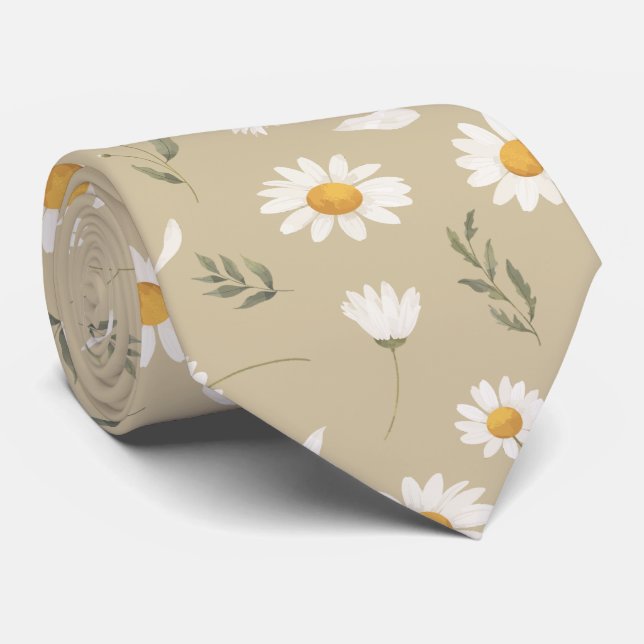 Gravata Padrão de margarida, branco romântico e floral  (Rolled)