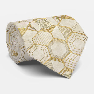 Gravata Padrão de Mármore Creme Geométrico Hexágono Dourad