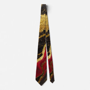 Gravata Padrão de Mármore Negro Vermelho com Dourado