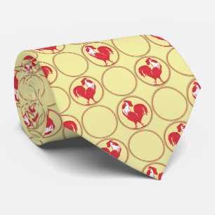 Gravata Padrão de Medalhões Galo Vermelho em Amarelo
