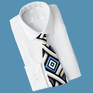 Gravata Padrão de Medidor Grego Branco e Azul Moderno