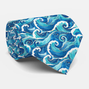 Gravata Padrão de Ondas de Aquarela Azul Safira do Oceano