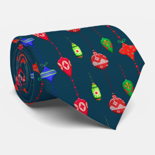 Gravata Padrão de Ornamento de Natal Retro em Azul Marinho