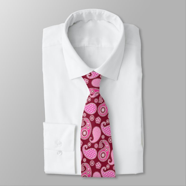 Gravata Padrão de Paisley, Borgonha, Rosa e Branco (Amarrado)