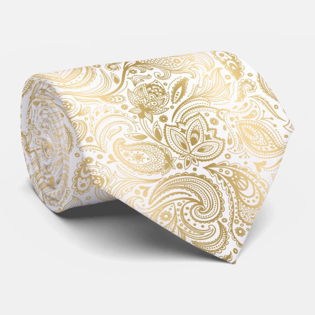 Gravata Padrão De Paisley Branco E Dourado De Luz Elegante (Rolled)
