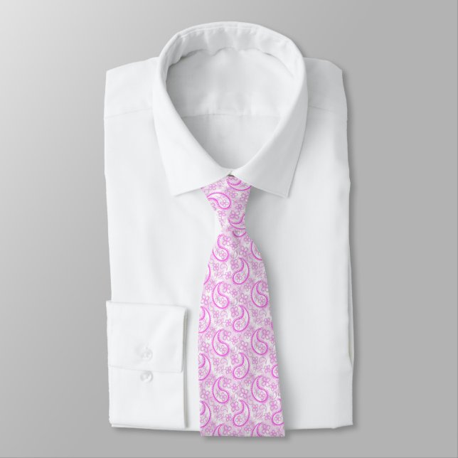Gravata Padrão de paisley branco rosa lilás monocromático. (Amarrado)