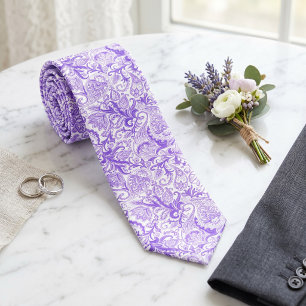 Gravata Padrão de Paisley Branco Violeta-Roxo Escuro
