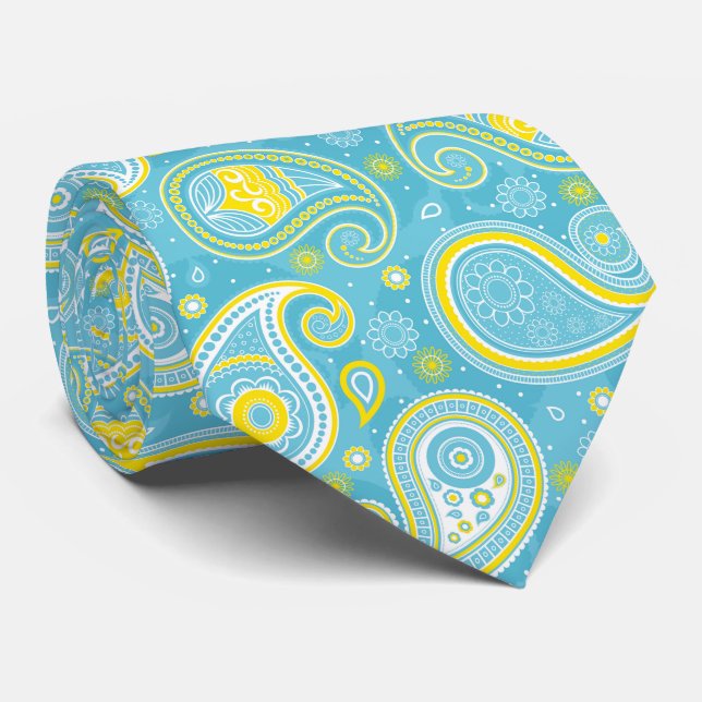 Gravata Padrão de paisley elegante amarelo azul (Rolled)