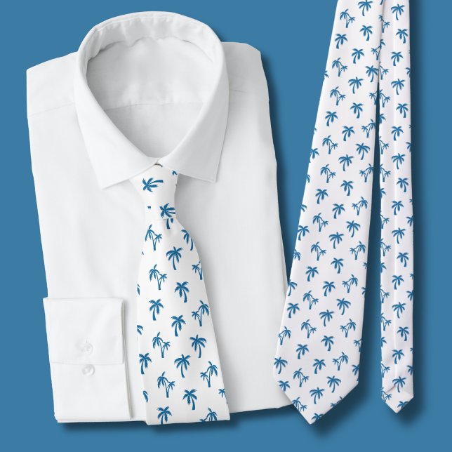 Gravata Padrão de palmeira tropical azul (blue and white palm tree tie)