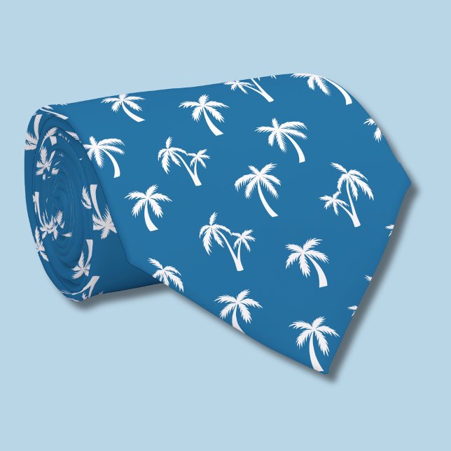 Gravata Padrão de palmeira tropical azul (blue and white palm tree tie)