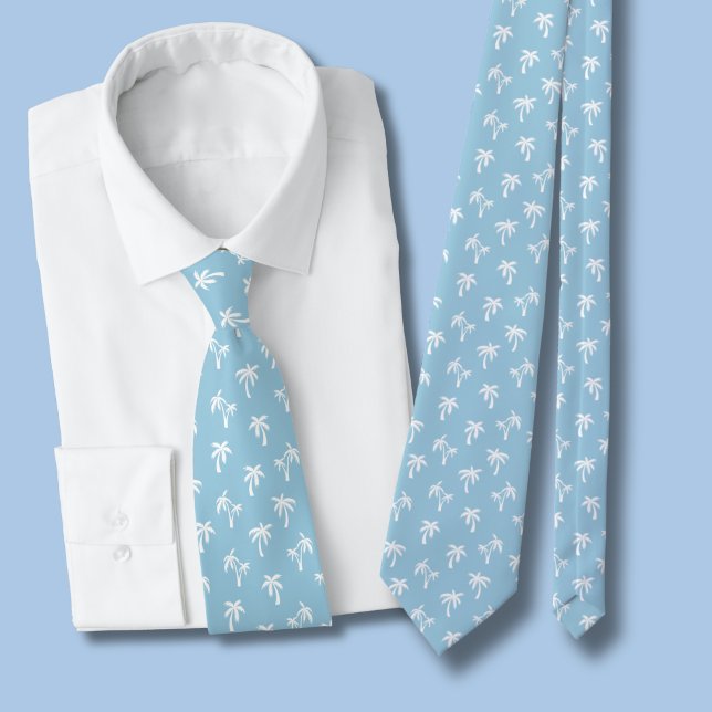 Gravata Padrão de palmeira tropical bebê azul (light blue and white palm tree tie)