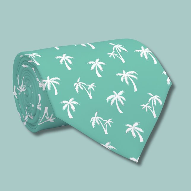 Gravata Padrão de palmeira tropical verde mar (green and white palm tree tie)