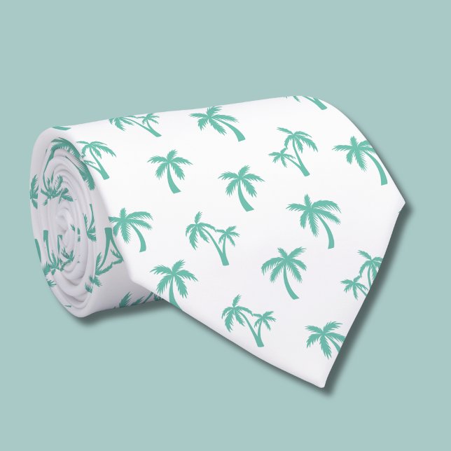 Gravata Padrão de palmeira tropical verde mar (green and white palm tree tie )