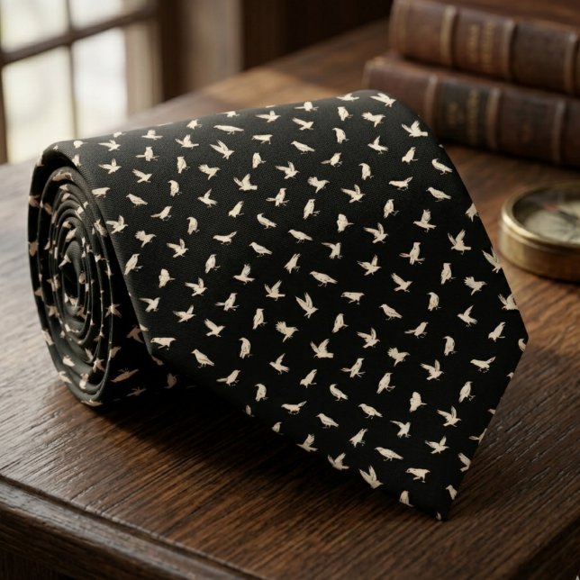 Gravata Padrão de Pássaro Corvo Branco – Presente de Noivo (White raven gothic black neck tie)