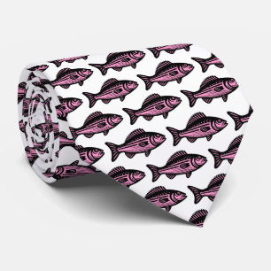 Gravata Padrão de Peixe - Preto e Rosa em Branco