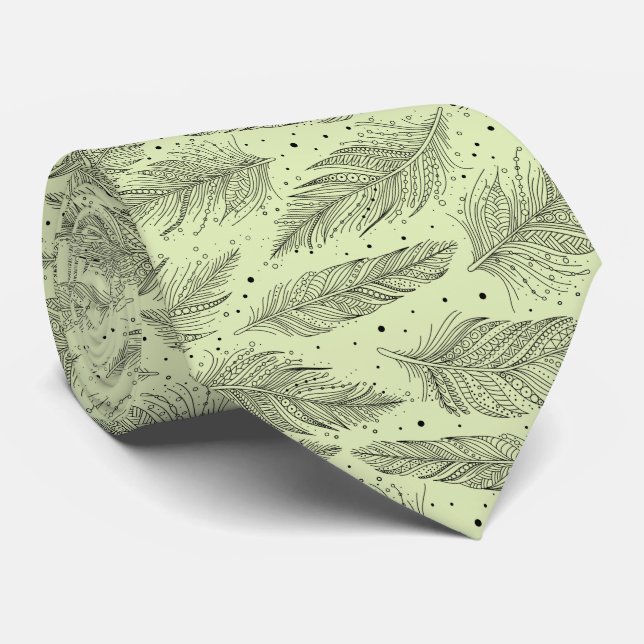 Gravata Padrão de pena de vinheta verde-clara preta (Rolled)