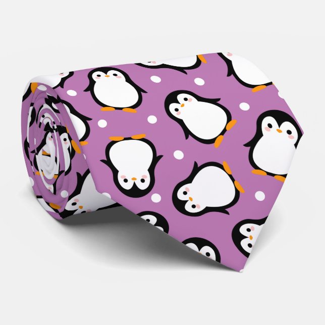 Gravata Padrão de pinguim fofo Padrão roxo (Rolled)
