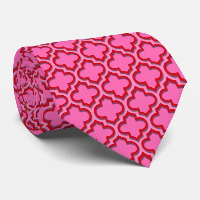 Gravata Padrão de Quatrefoil Marroquino Vermelho Rosa Quen (Rolled)