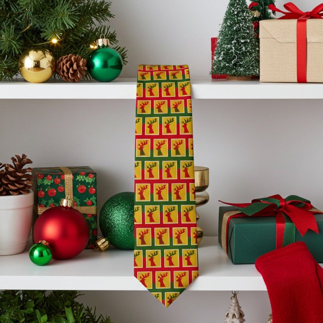 Gravata Padrão de Reindeer de Feriado Elegante em Vermelho (Festive reindeer necktie)