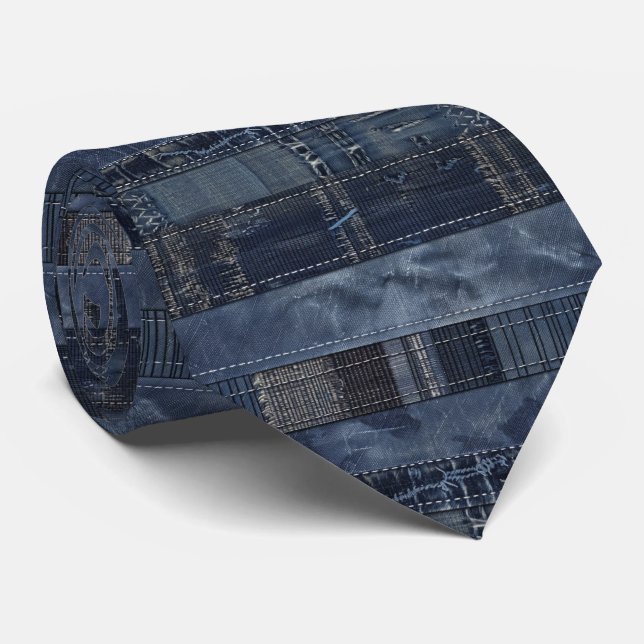 Gravata Padrão de Remendo de Denim Índigo Rústico (Rolled)
