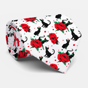 Gravata Padrão de Rosas vermelhas de Gatos Pretos Cujos Ga