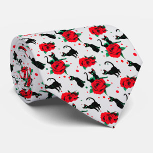 Gravata Padrão de Rosas vermelhas de Gatos Pretos Cute Eng